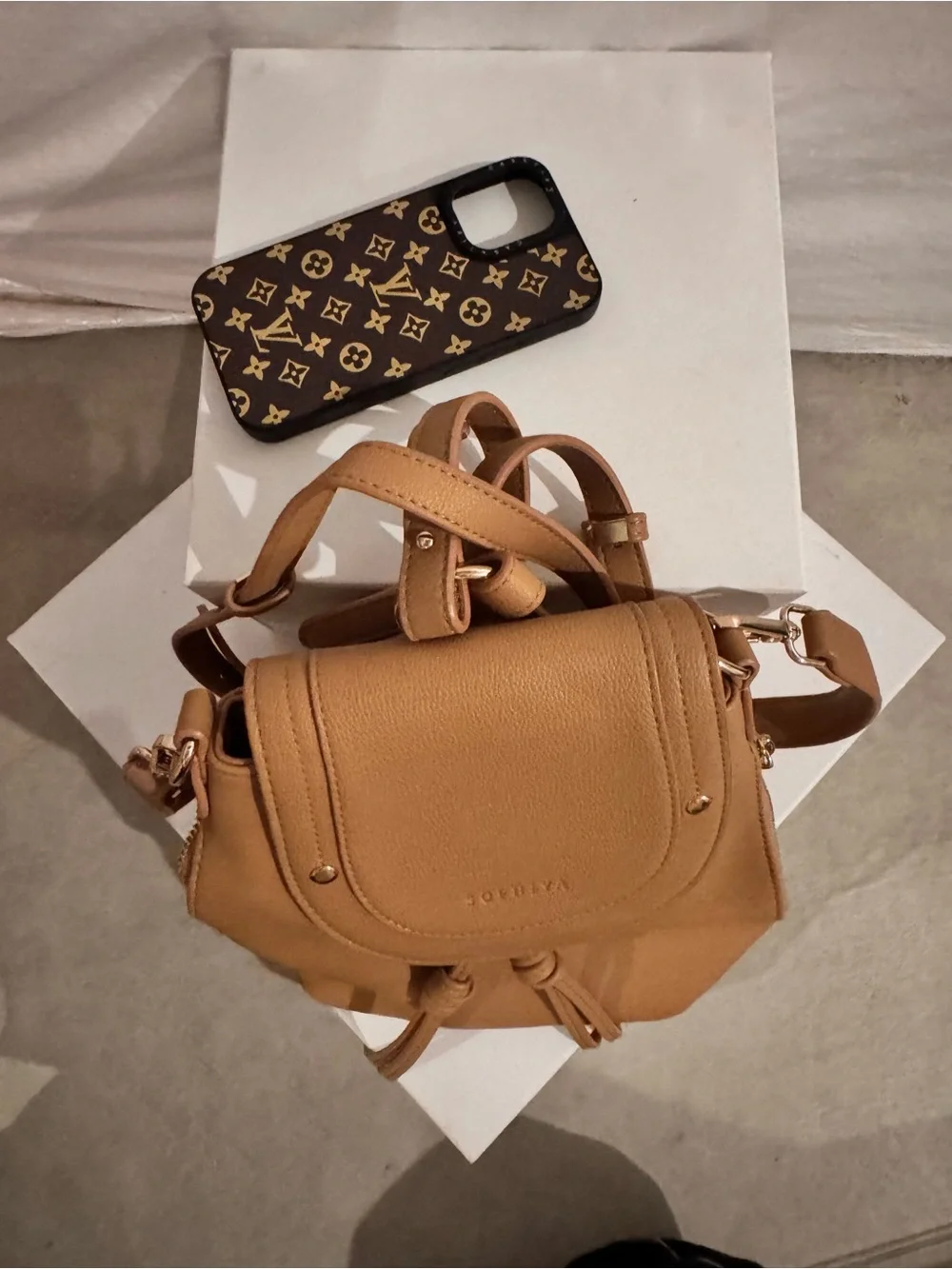 SOPHIYA Zoe Tan Leather Crossbody Backpack from Sophiya